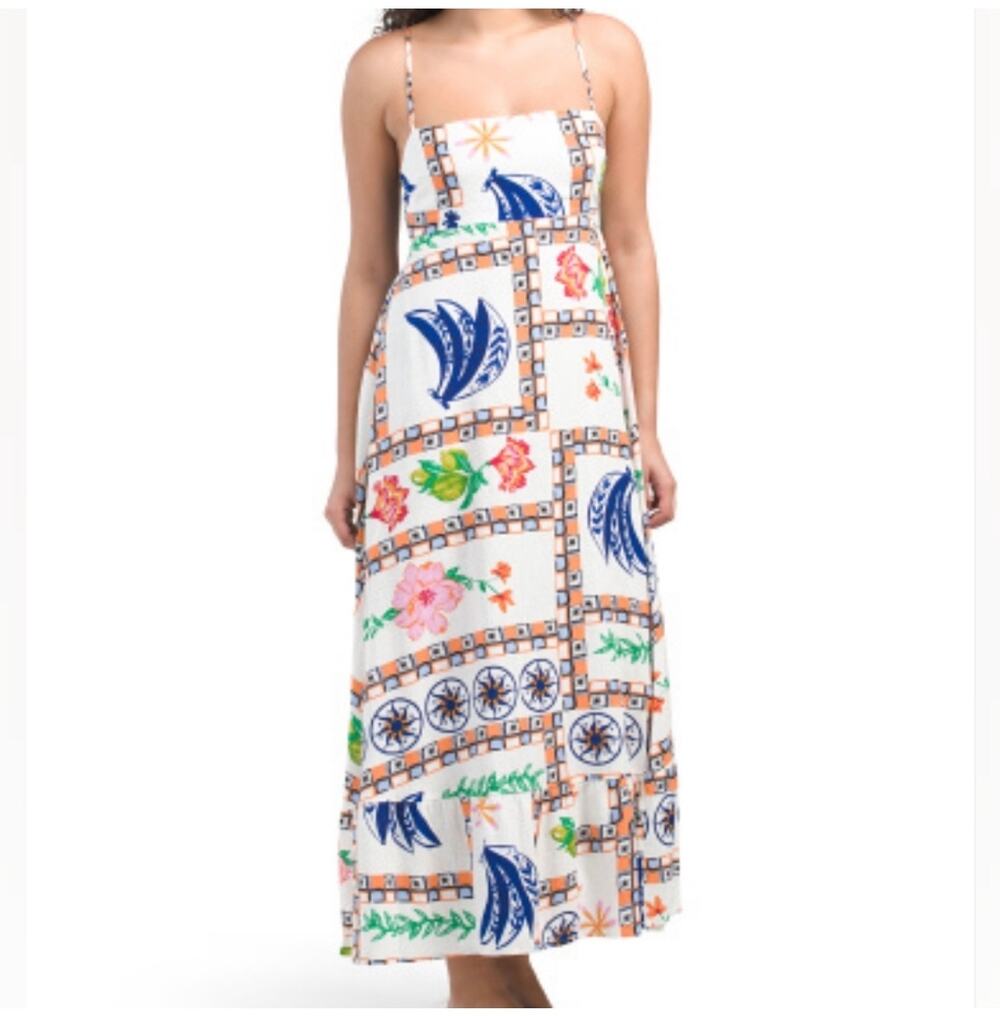 Label of Love Sun Dress Womens Large White Blue Resort Tropical Cruise Vacation